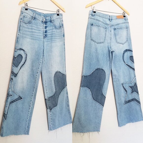 Pacsun Eco Light Blue Patchwork 90s Baggy Jeans 27 Wide Leg Baggy Heart Star Y2K - Picture 14 of 15